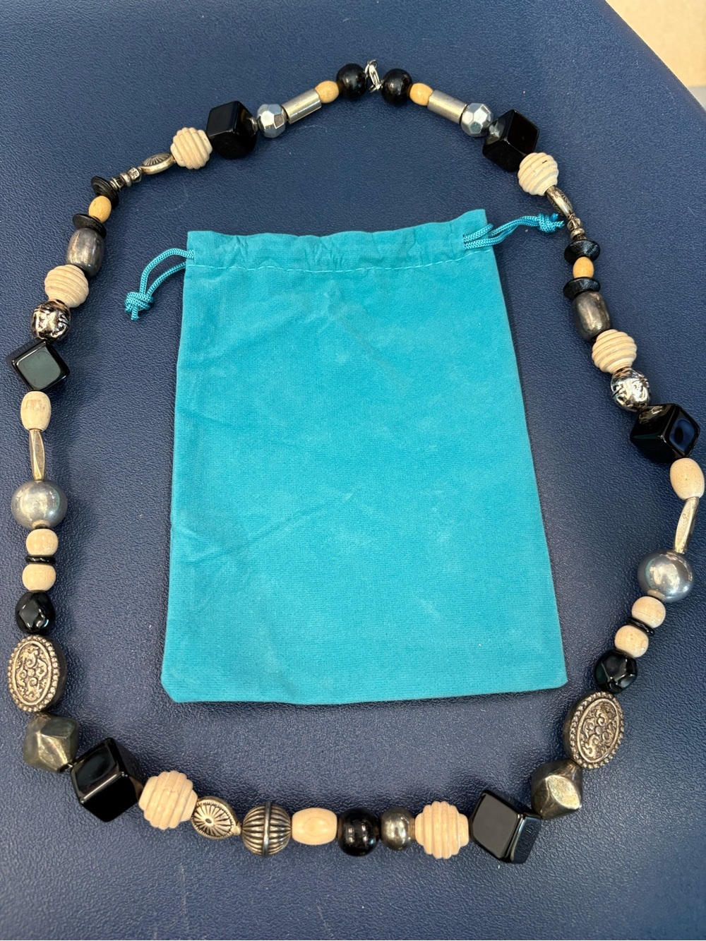 Chunky Boho Statement Necklace Mixed Media Wood Acrylic Silver Beads Eclectic